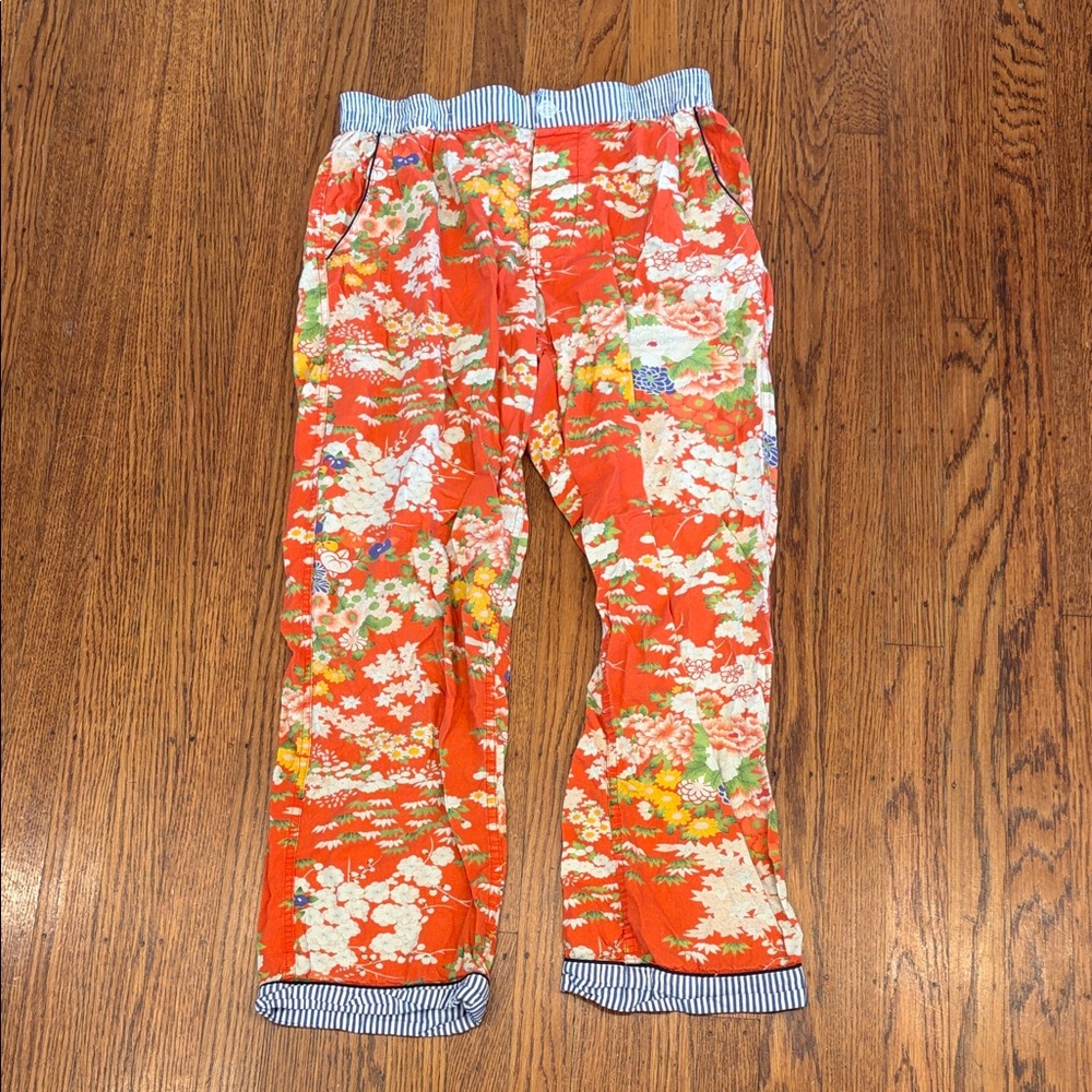 Anthropologie Floral Coral Pajama Pants with Blue-White Trim